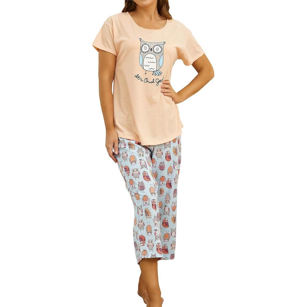 imagePNAEONG Women Pajama Set Sleepwear Tops with Capri Pants Casual and Fun Prints Pajama SetsOwl