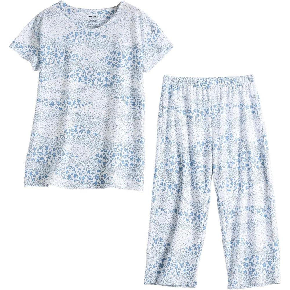 imagePNAEONG Women Pajama Set Sleepwear Tops with Capri Pants Casual and Fun Prints Pajama SetsPetal Wave