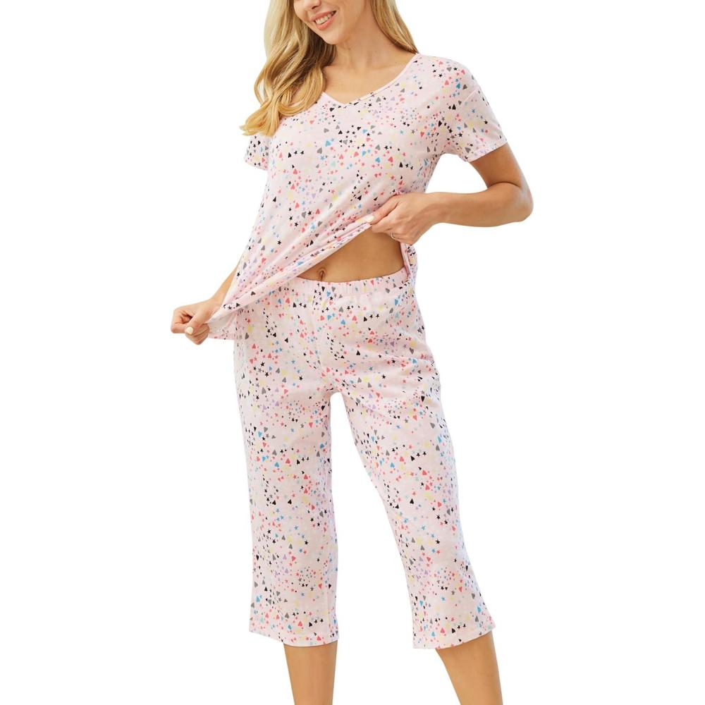 imagePNAEONG Women Pajama Set Sleepwear Tops with Capri Pants Casual and Fun Prints Pajama SetsPink