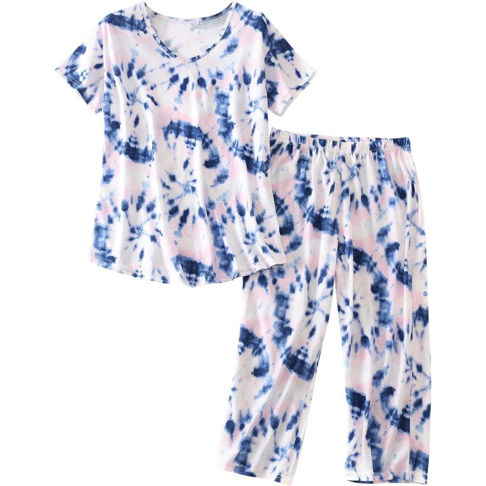 imagePNAEONG Women Pajama Set Sleepwear Tops with Capri Pants Casual and Fun Prints Pajama SetsPink Blue