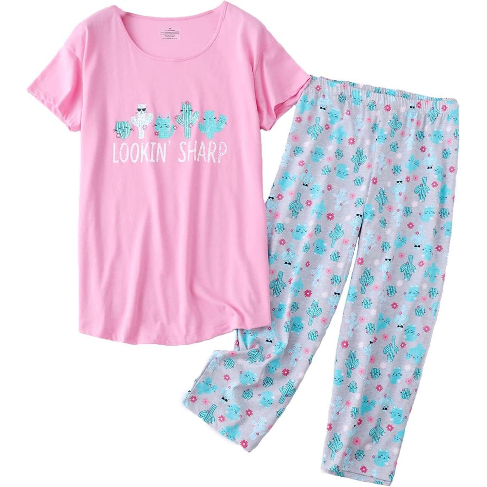 imagePNAEONG Women Pajama Set Sleepwear Tops with Capri Pants Casual and Fun Prints Pajama SetsPink Cactus
