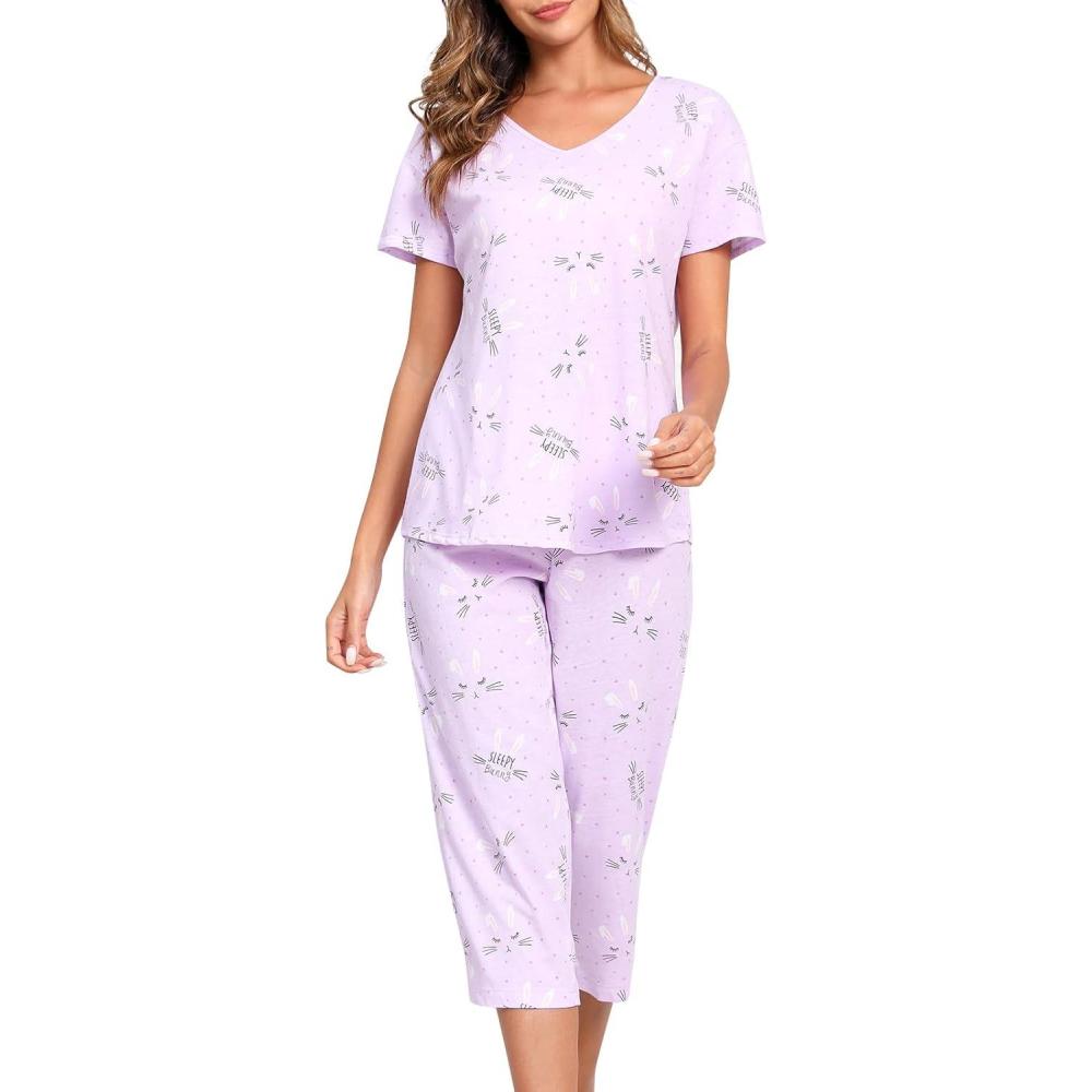 imagePNAEONG Women Pajama Set Sleepwear Tops with Capri Pants Casual and Fun Prints Pajama SetsPurple Rabbit