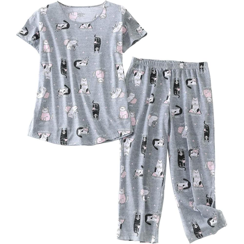 imagePNAEONG Women Pajama Set Sleepwear Tops with Capri Pants Casual and Fun Prints Pajama SetsSleep Cats