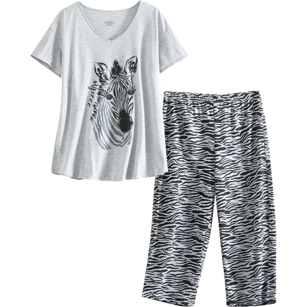 imagePNAEONG Women Pajama Set Sleepwear Tops with Capri Pants Casual and Fun Prints Pajama SetsZebra