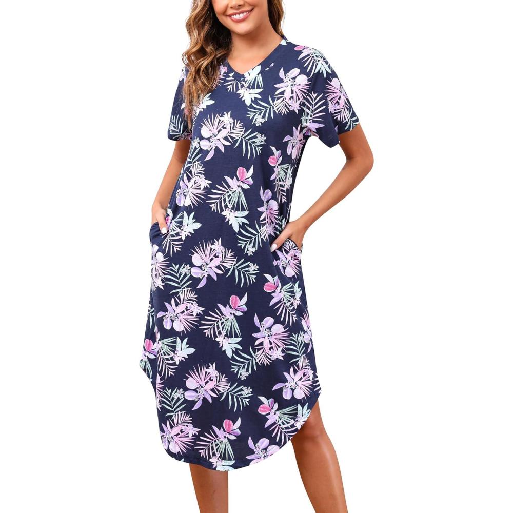imagePNAEONG Women Short Sleeve Long Nightgown Soft Cotton Sleepwear Nightshirts Loungewear with PocketsBlack Flower