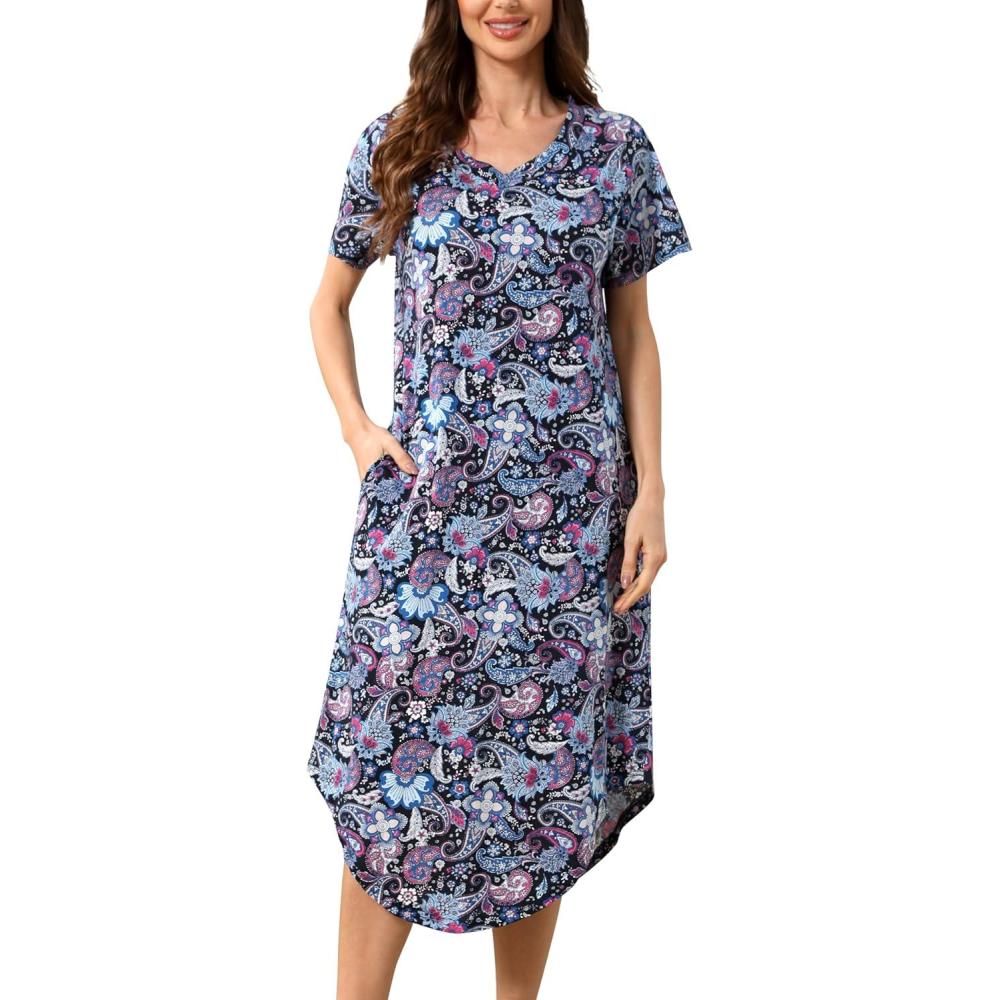 imagePNAEONG Women Short Sleeve Long Nightgown Soft Cotton Sleepwear Nightshirts Loungewear with PocketsBlue Paisley
