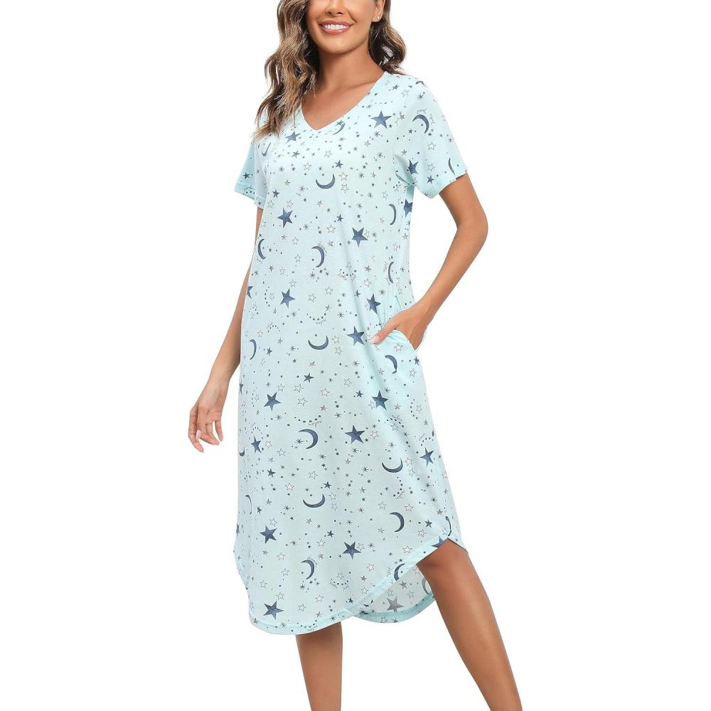 imagePNAEONG Women Short Sleeve Long Nightgown Soft Cotton Sleepwear Nightshirts Loungewear with PocketsBlue Star