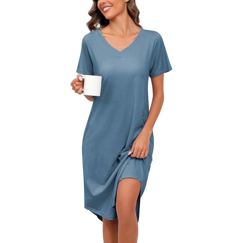 imagePNAEONG Women Short Sleeve Long Nightgown Soft Cotton Sleepwear Nightshirts Loungewear with PocketsC Good Night