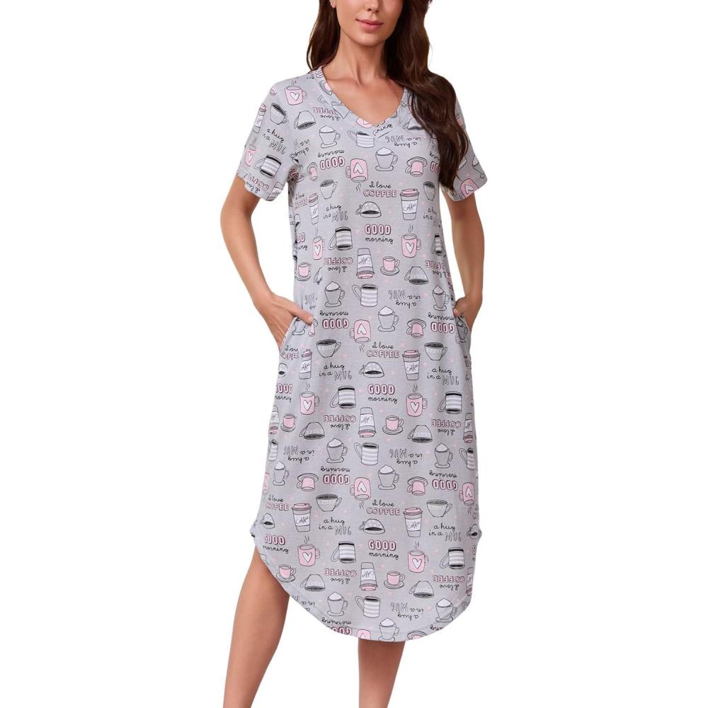 imagePNAEONG Women Short Sleeve Long Nightgown Soft Cotton Sleepwear Nightshirts Loungewear with PocketsGray
