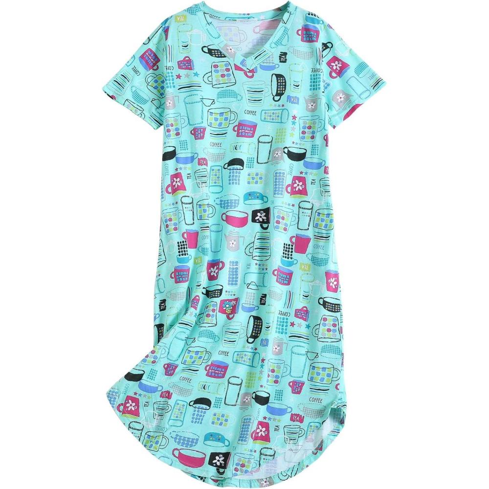 imagePNAEONG Women Short Sleeve Long Nightgown Soft Cotton Sleepwear Nightshirts Loungewear with PocketsGreen Cups