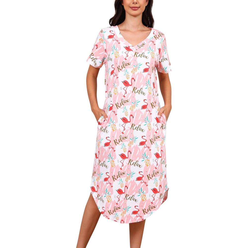 imagePNAEONG Women Short Sleeve Long Nightgown Soft Cotton Sleepwear Nightshirts Loungewear with PocketsPink Flamingo