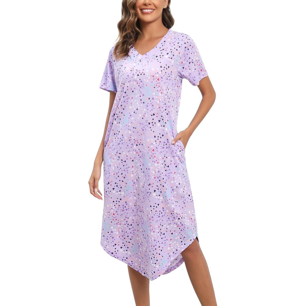 imagePNAEONG Women Short Sleeve Long Nightgown Soft Cotton Sleepwear Nightshirts Loungewear with PocketsPurple