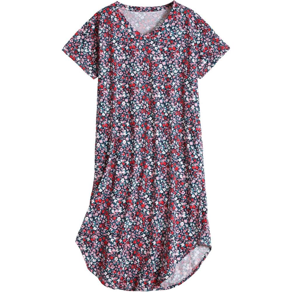 imagePNAEONG Women Short Sleeve Long Nightgown Soft Cotton Sleepwear Nightshirts Loungewear with PocketsRed Little Flower