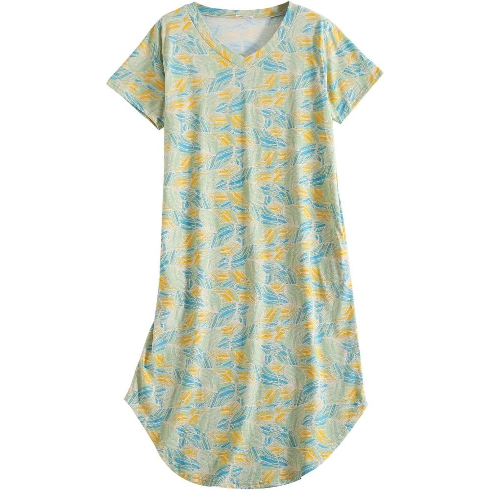 imagePNAEONG Women Short Sleeve Long Nightgown Soft Cotton Sleepwear Nightshirts Loungewear with PocketsYellow Green