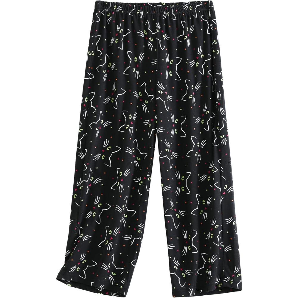imagePNAEONG Womens Capri Pajama Pants Lounge Causal Bottoms Fun Print Sleep PantsBlack Cats