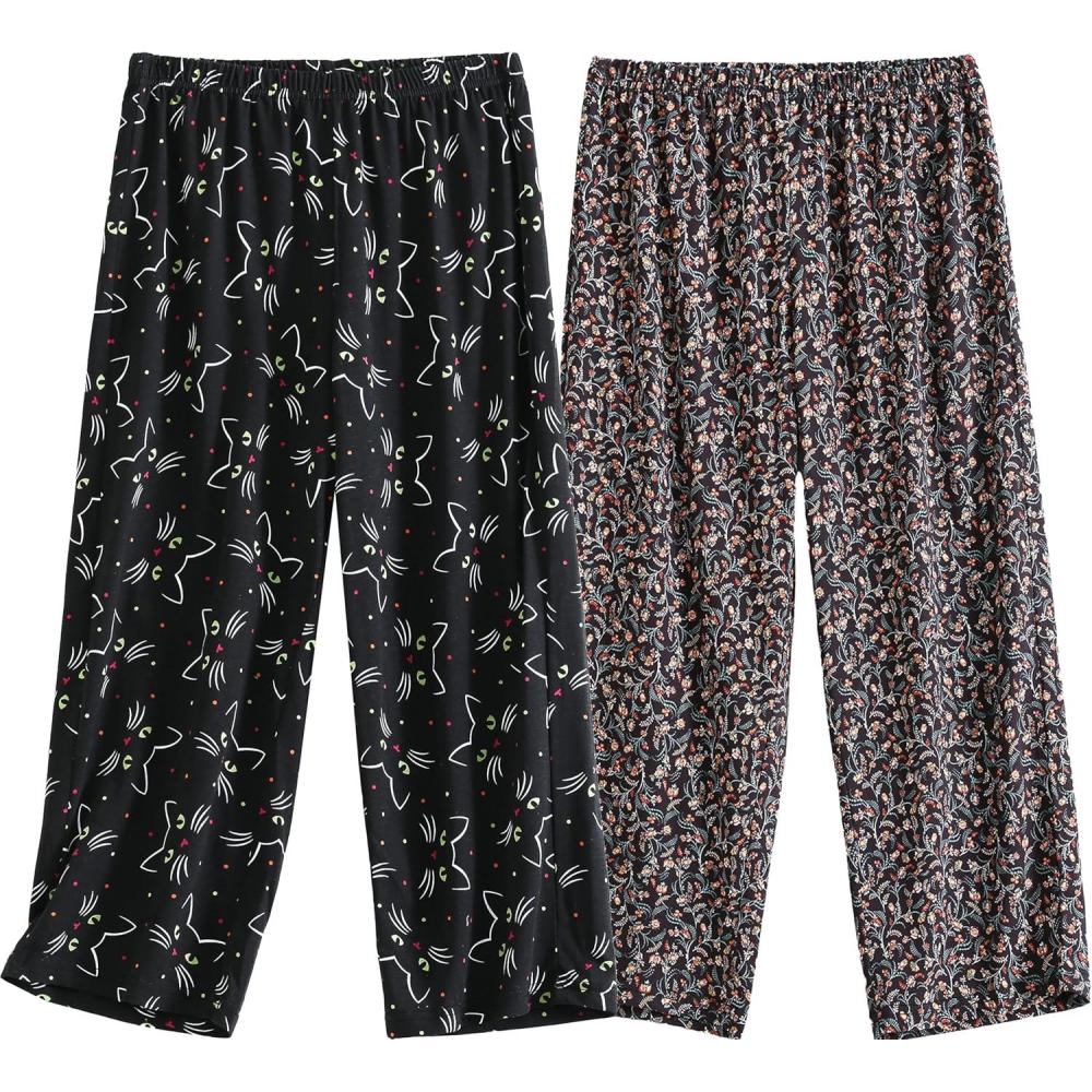 imagePNAEONG Womens Capri Pajama Pants Lounge Causal Bottoms Fun Print Sleep PantsLittle Flowerblack Cats