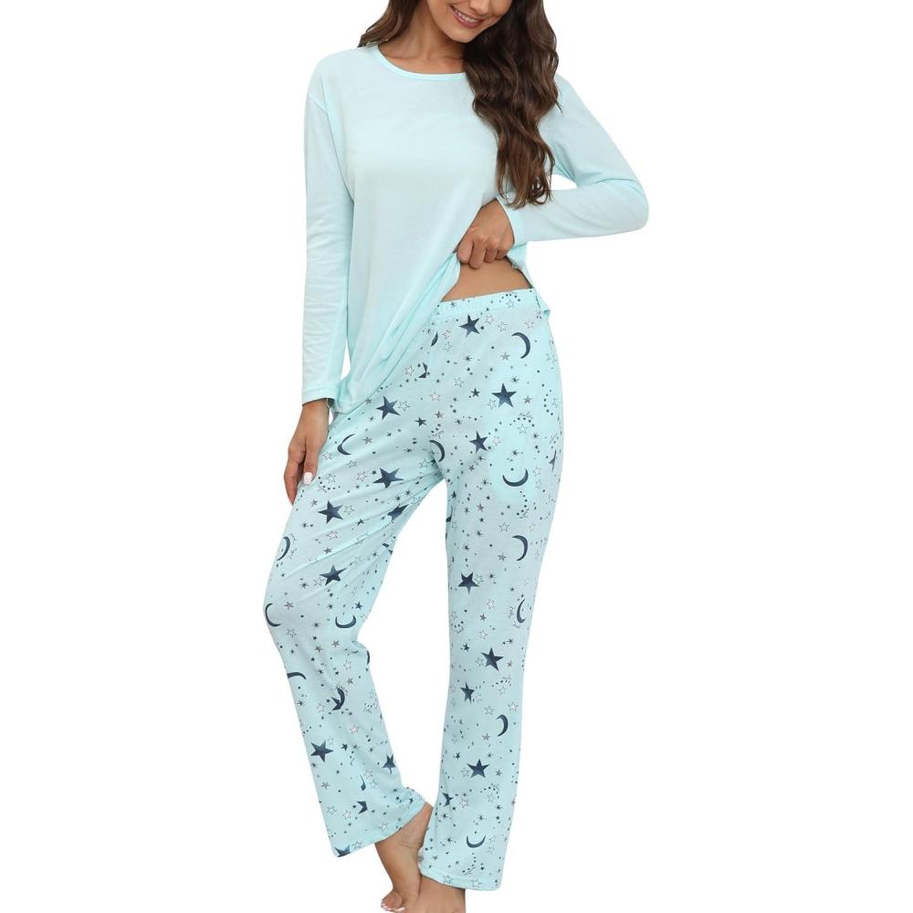imagePNAEONG Womens Cotton LongSleeve Tops and FullLength Pajama Set TwoPiece Pjs with Pockets SY008Blue Star
