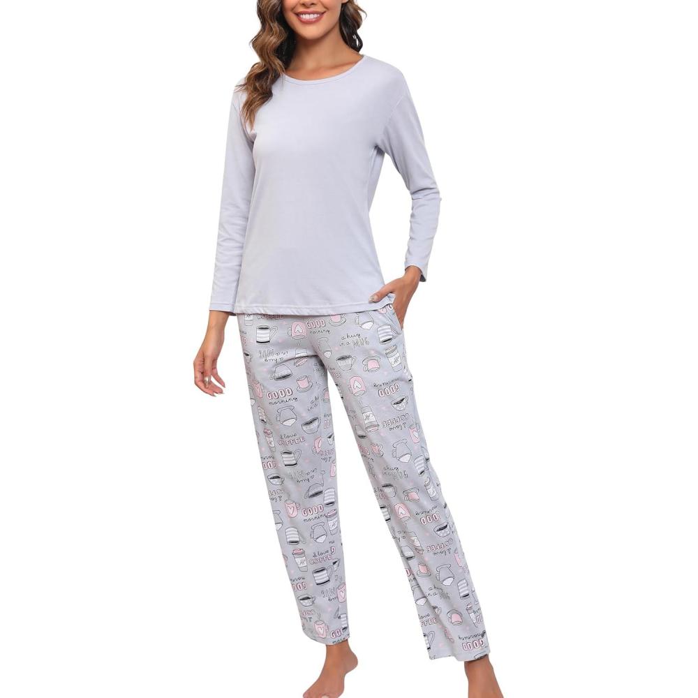 imagePNAEONG Womens Cotton LongSleeve Tops and FullLength Pajama Set TwoPiece Pjs with Pockets SY008Coffee