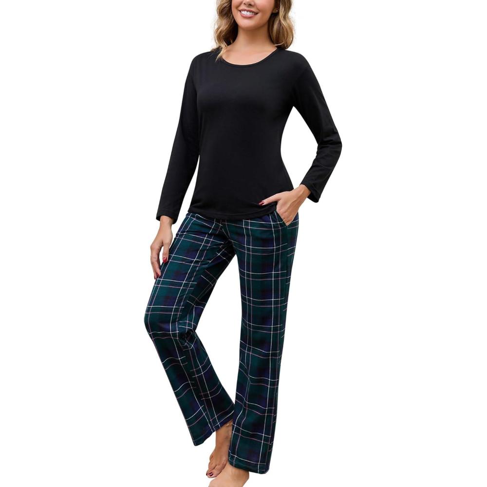 imagePNAEONG Womens Cotton LongSleeve Tops and FullLength Pajama Set TwoPiece Pjs with Pockets SY008Green Plaid