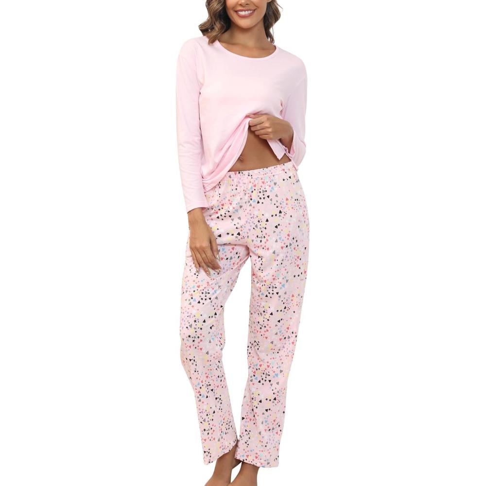 imagePNAEONG Womens Cotton LongSleeve Tops and FullLength Pajama Set TwoPiece Pjs with Pockets SY008Pink