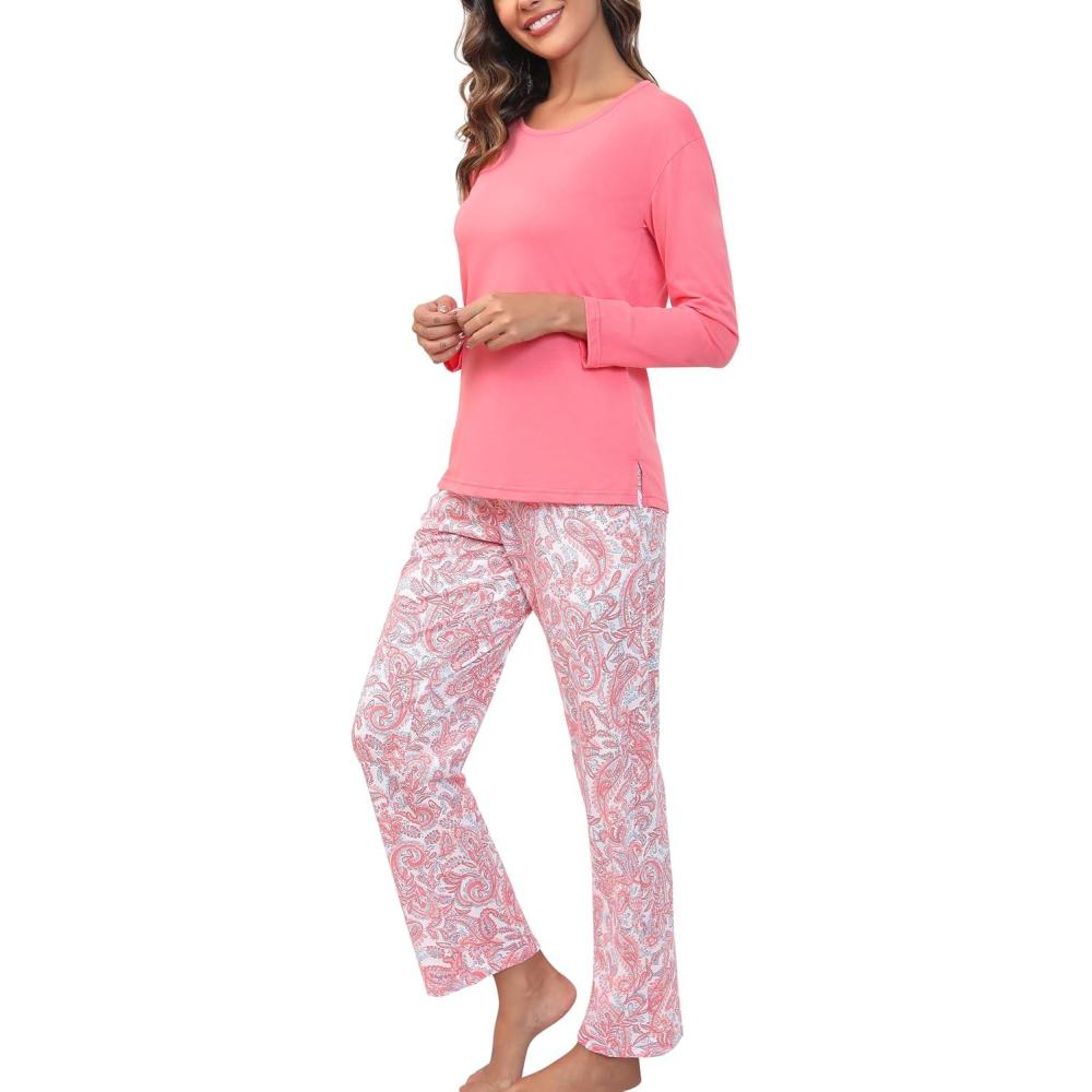 imagePNAEONG Womens Cotton LongSleeve Tops and FullLength Pajama Set TwoPiece Pjs with Pockets SY008Pink Paisley