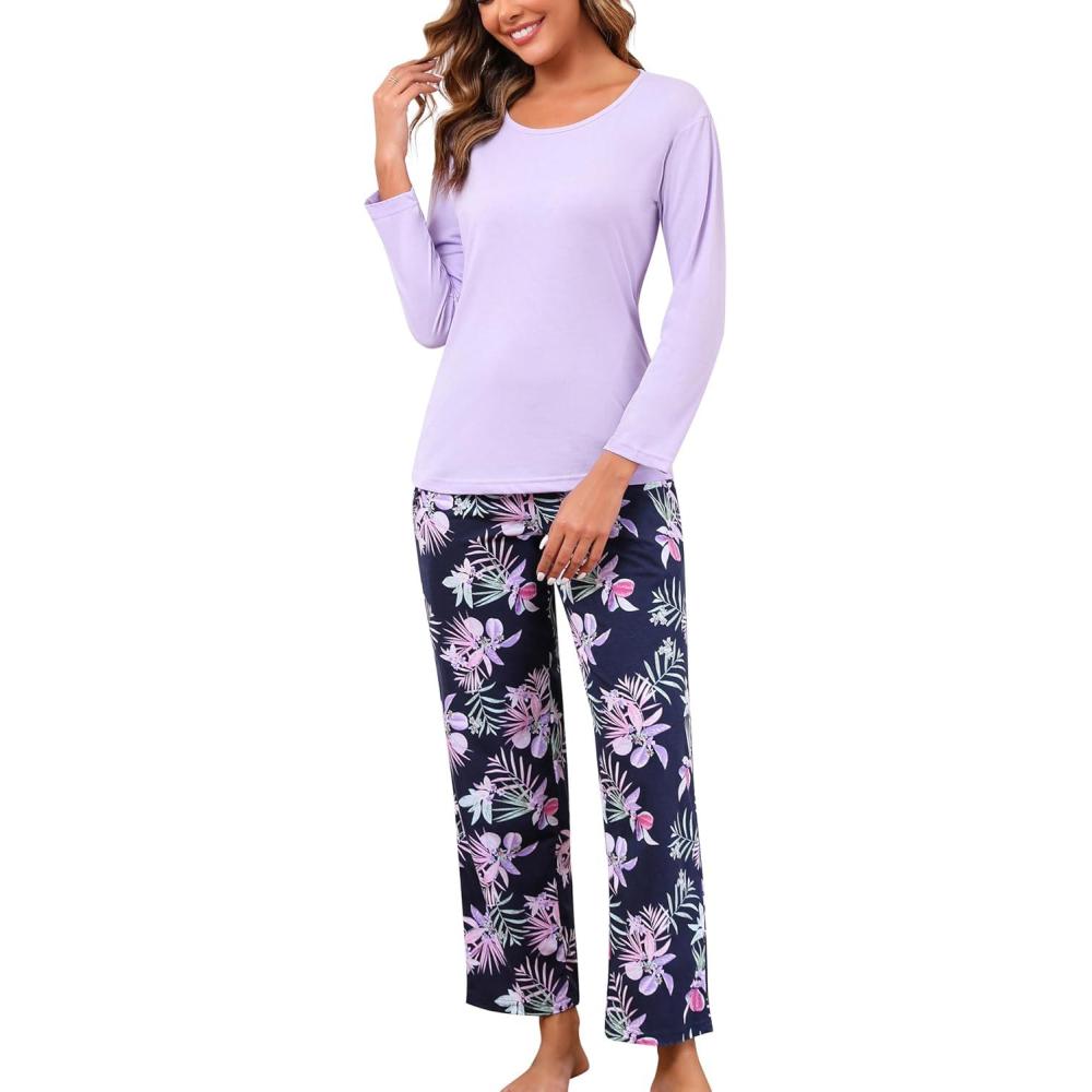 imagePNAEONG Womens Cotton LongSleeve Tops and FullLength Pajama Set TwoPiece Pjs with Pockets SY008Purple Flower
