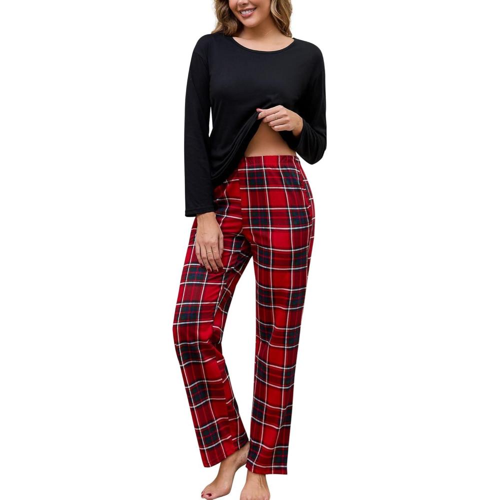 imagePNAEONG Womens Cotton LongSleeve Tops and FullLength Pajama Set TwoPiece Pjs with Pockets SY008Red Plaid
