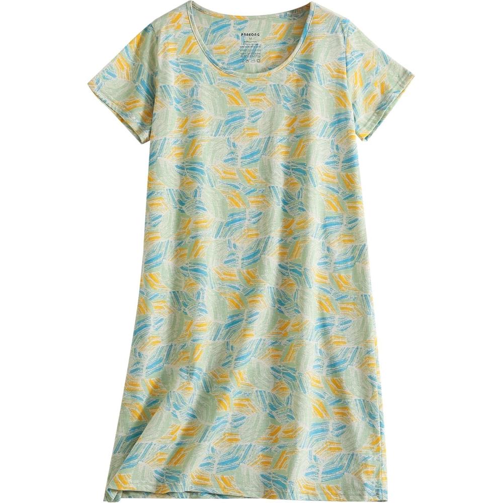 imagePNAEONG Womens Cotton Nightgown Sleepwear Short Sleeves Shirt Casual Print Sleepdress Yellow Green2XL