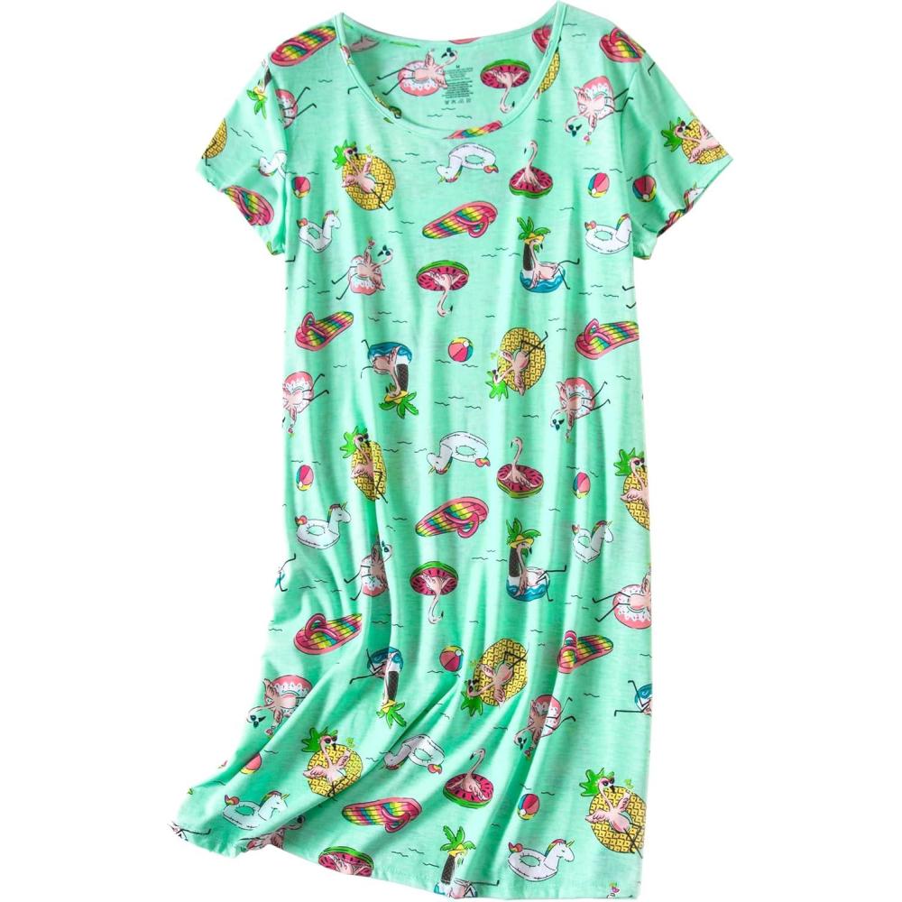 imagePNAEONG Womens Cotton Nightgown Sleepwear Short Sleeves Shirt Casual Print SleepdressBeach
