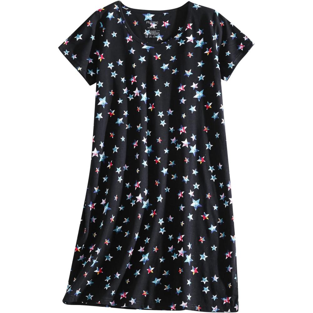 imagePNAEONG Womens Cotton Nightgown Sleepwear Short Sleeves Shirt Casual Print SleepdressBlack Stars
