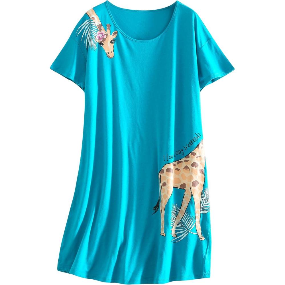 imagePNAEONG Womens Cotton Nightgown Sleepwear Short Sleeves Shirt Casual Print SleepdressBlue Giraffe