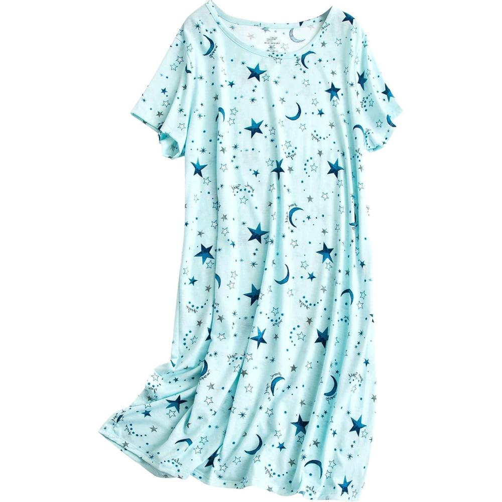 imagePNAEONG Womens Cotton Nightgown Sleepwear Short Sleeves Shirt Casual Print SleepdressBlue Star