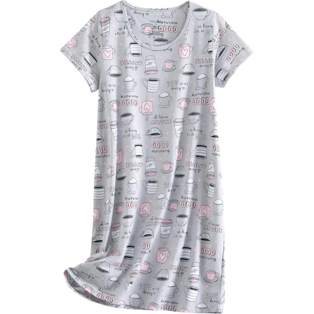 imagePNAEONG Womens Cotton Nightgown Sleepwear Short Sleeves Shirt Casual Print SleepdressCoffee