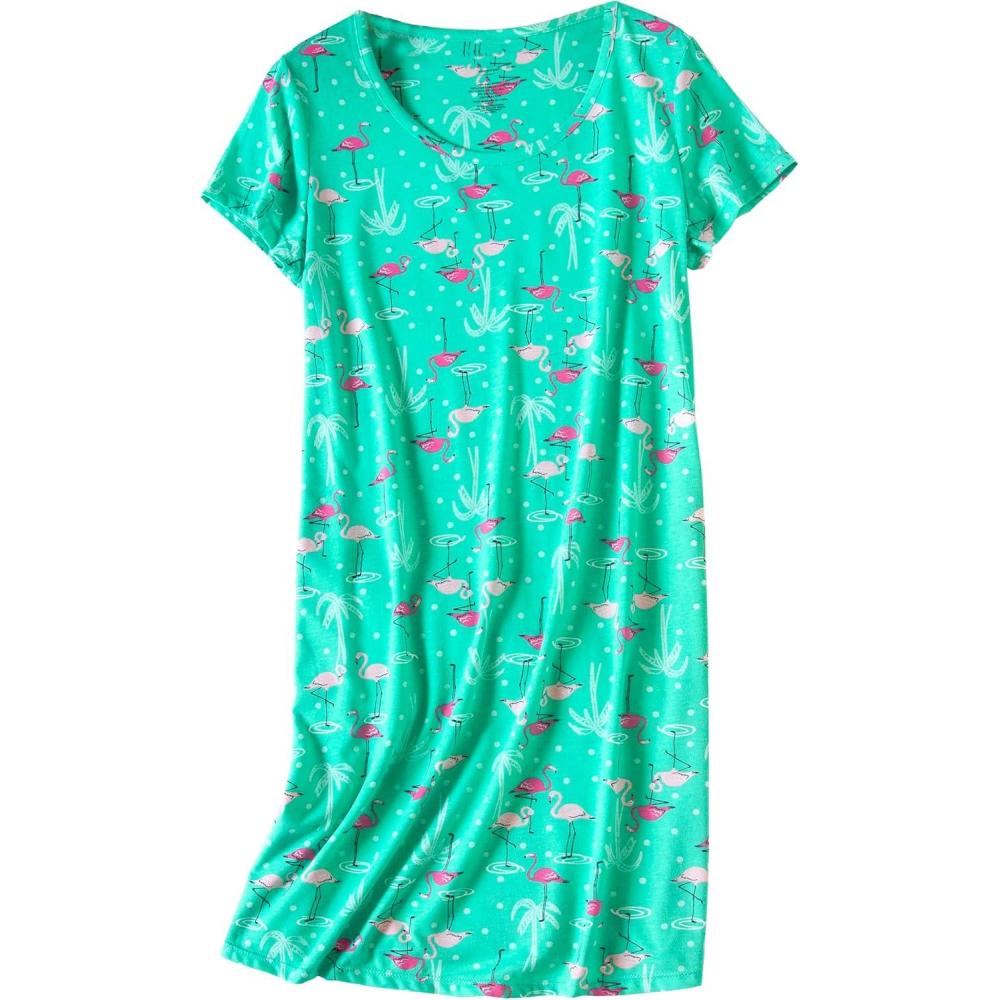 imagePNAEONG Womens Cotton Nightgown Sleepwear Short Sleeves Shirt Casual Print SleepdressGreen Flamingo
