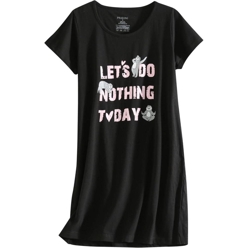 imagePNAEONG Womens Cotton Nightgown Sleepwear Short Sleeves Shirt Casual Print SleepdressLets Do Nothing