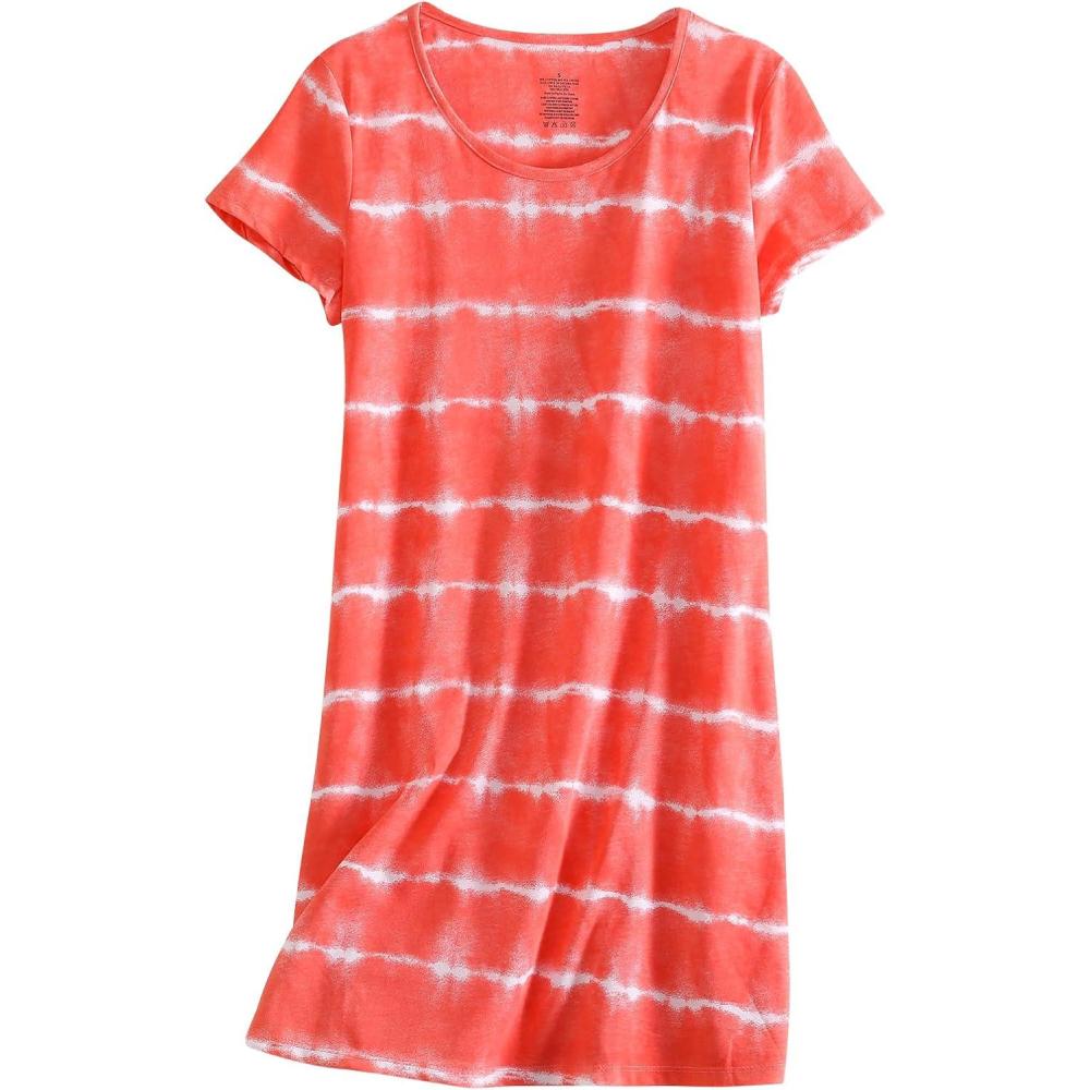 imagePNAEONG Womens Cotton Nightgown Sleepwear Short Sleeves Shirt Casual Print SleepdressOrange Wave