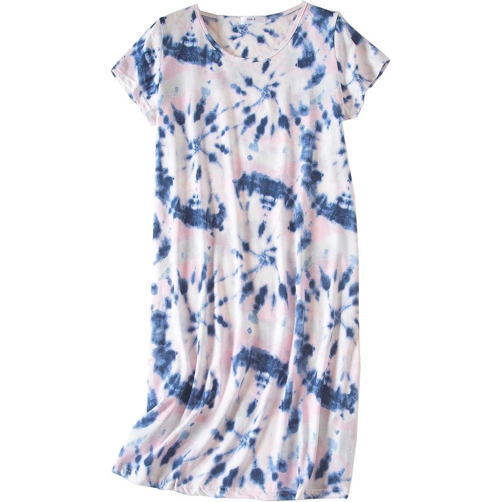 imagePNAEONG Womens Cotton Nightgown Sleepwear Short Sleeves Shirt Casual Print SleepdressPink Blue