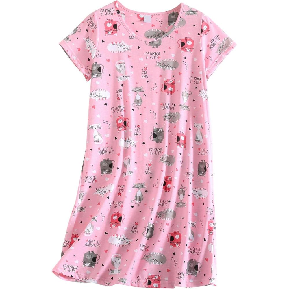 imagePNAEONG Womens Cotton Nightgown Sleepwear Short Sleeves Shirt Casual Print SleepdressPink Cat