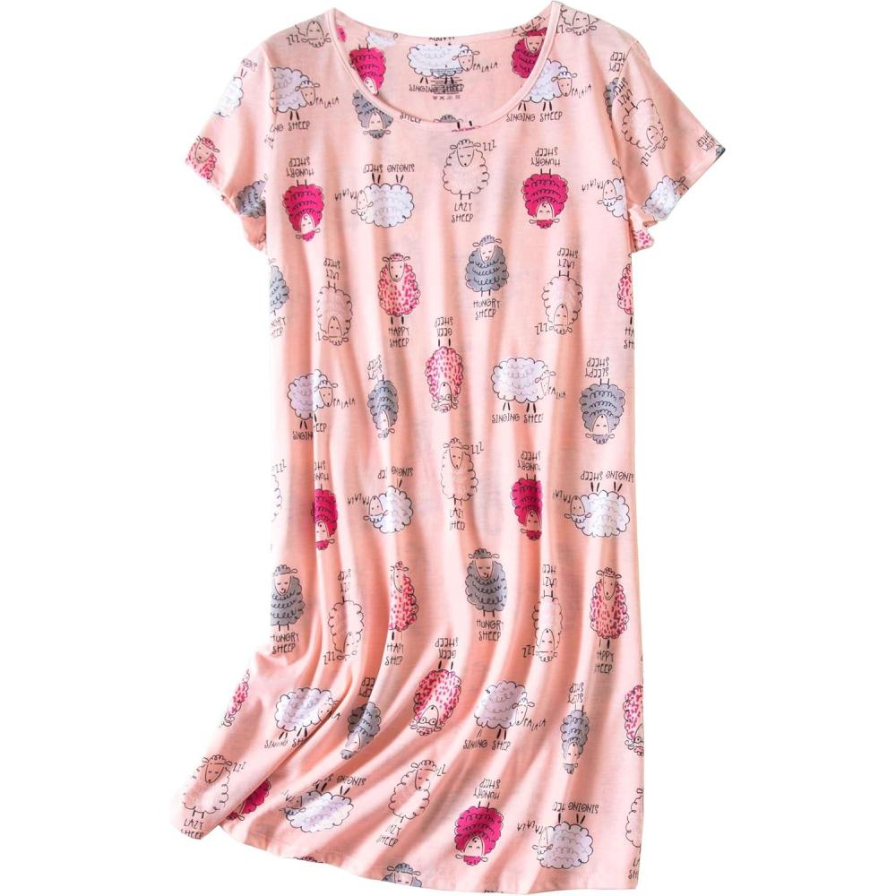 imagePNAEONG Womens Cotton Nightgown Sleepwear Short Sleeves Shirt Casual Print SleepdressPink Sheep