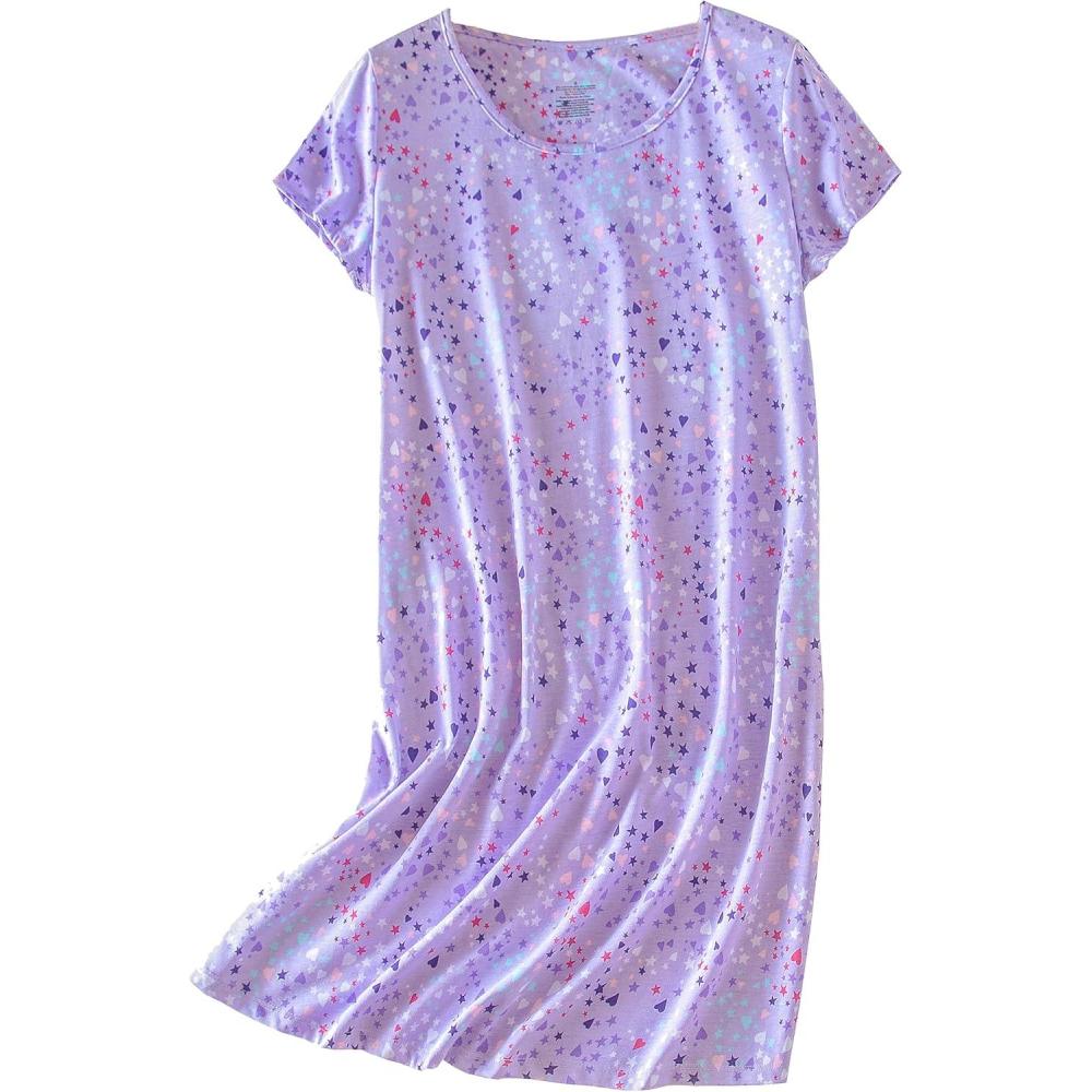 imagePNAEONG Womens Cotton Nightgown Sleepwear Short Sleeves Shirt Casual Print SleepdressPurple