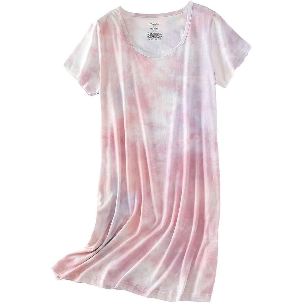 imagePNAEONG Womens Cotton Nightgown Sleepwear Short Sleeves Shirt Casual Print SleepdressTpink