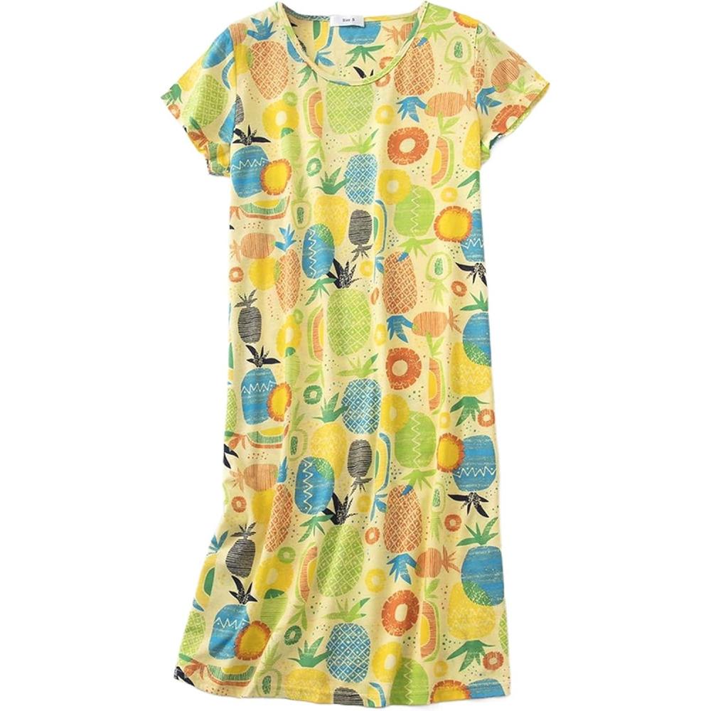 imagePNAEONG Womens Cotton Nightgown Sleepwear Short Sleeves Shirt Casual Print SleepdressYellow Pineapple