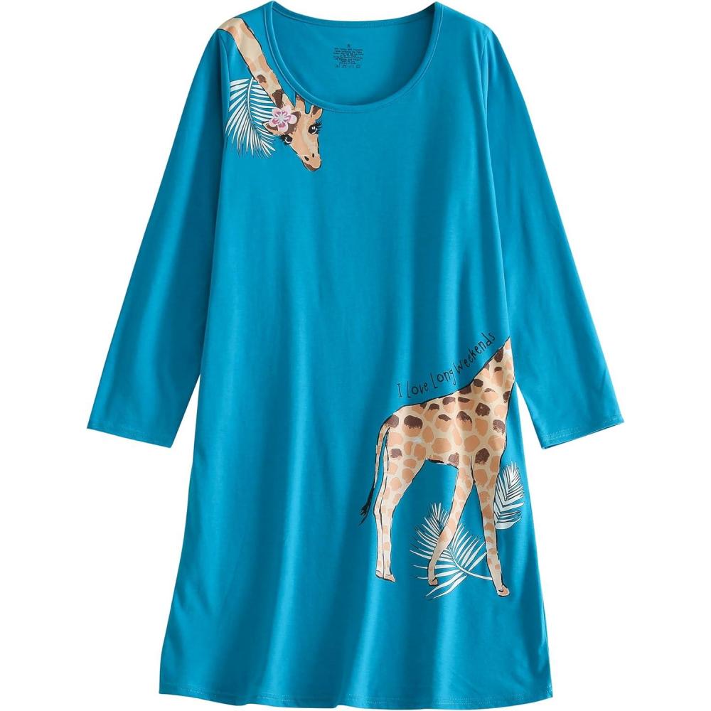 imagePNAEONG Womens Cotton Sleepwear Long Sleeves Nightgown Print Tee Sleep DressLong Blue Giraffe