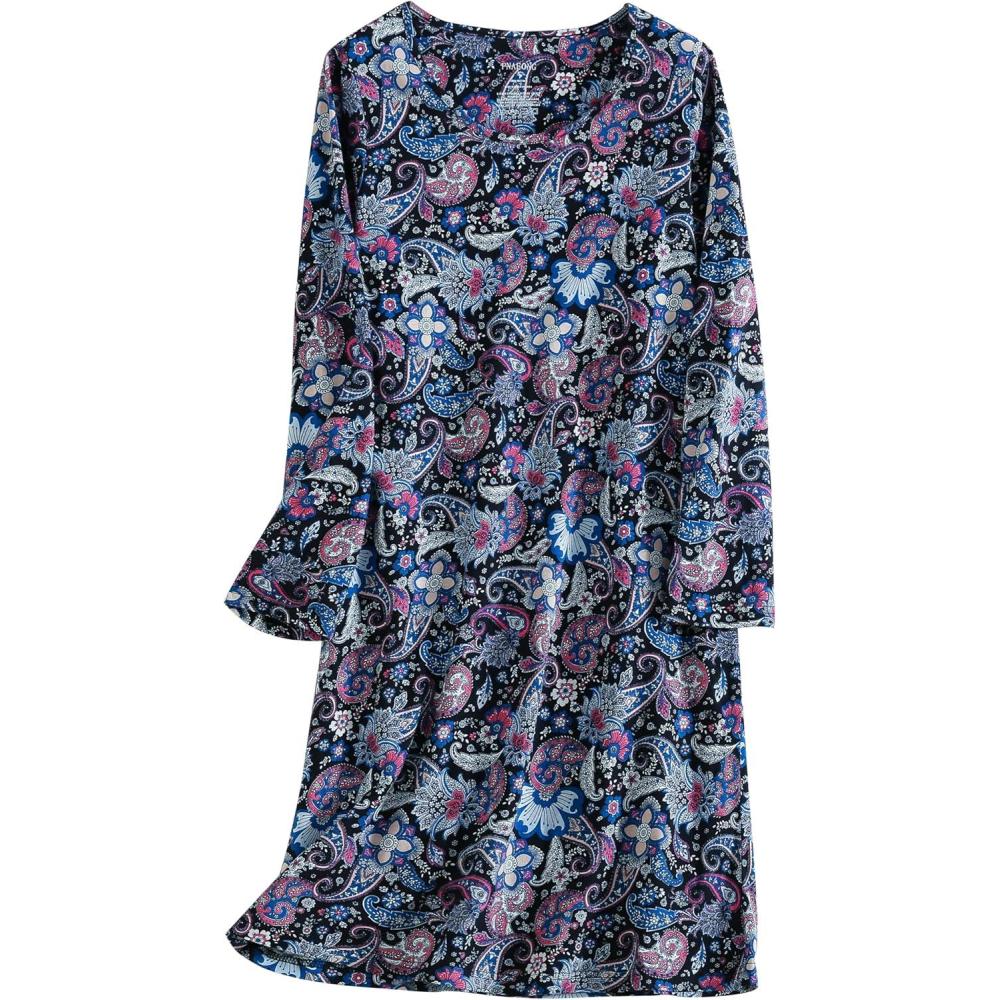 imagePNAEONG Womens Cotton Sleepwear Long Sleeves Nightgown Print Tee Sleep DressLong Blue Paisley