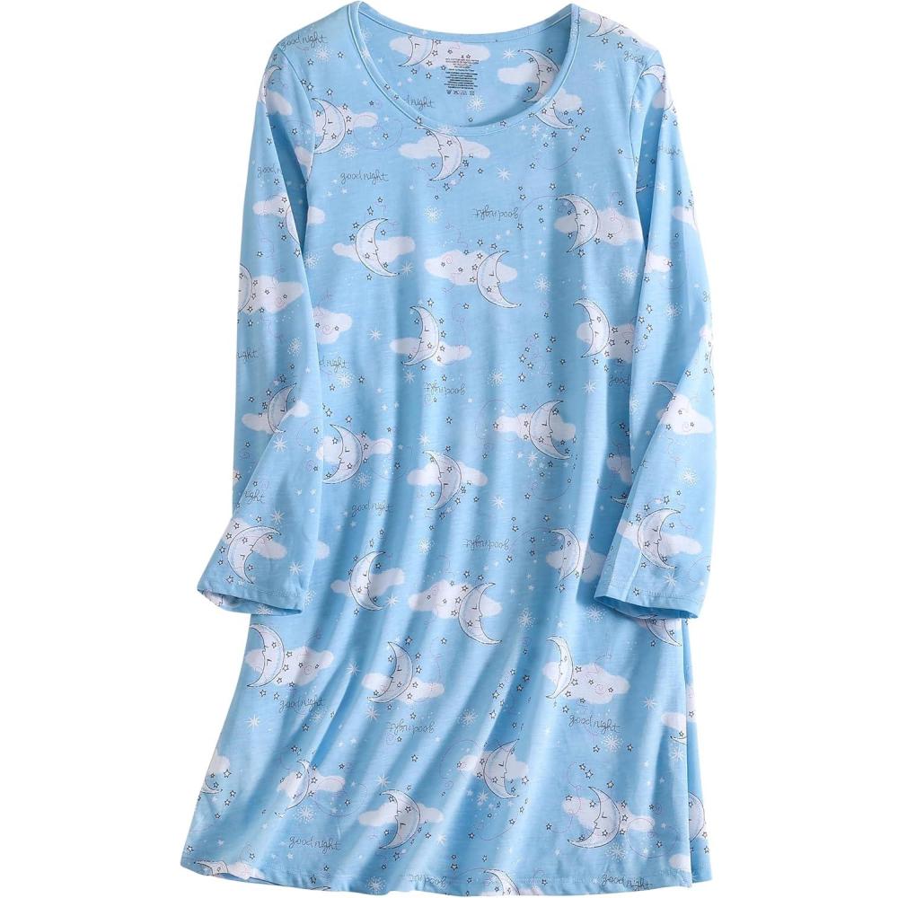imagePNAEONG Womens Cotton Sleepwear Long Sleeves Nightgown Print Tee Sleep DressLong Cloud Moon