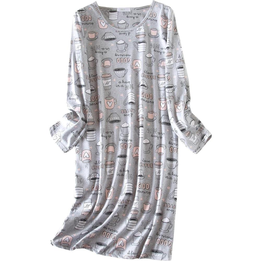 imagePNAEONG Womens Cotton Sleepwear Long Sleeves Nightgown Print Tee Sleep DressLong Coffee