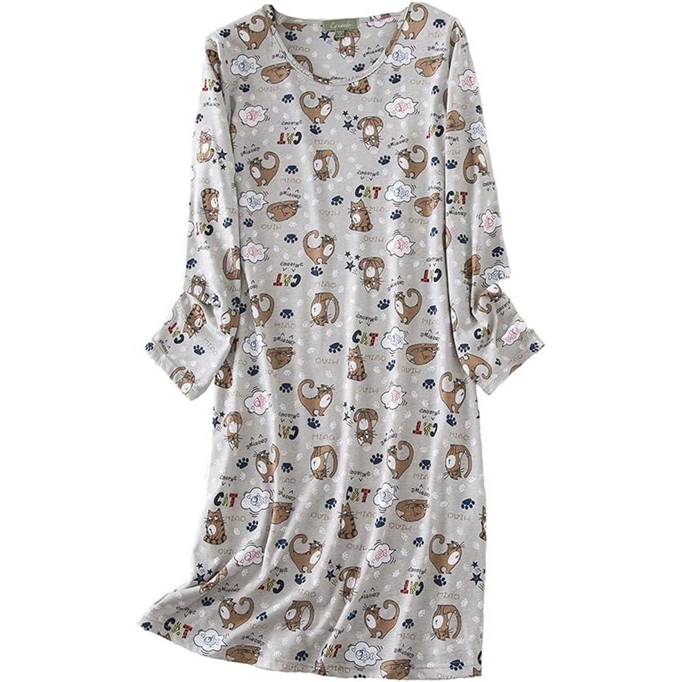imagePNAEONG Womens Cotton Sleepwear Long Sleeves Nightgown Print Tee Sleep DressLong Coffee Cat