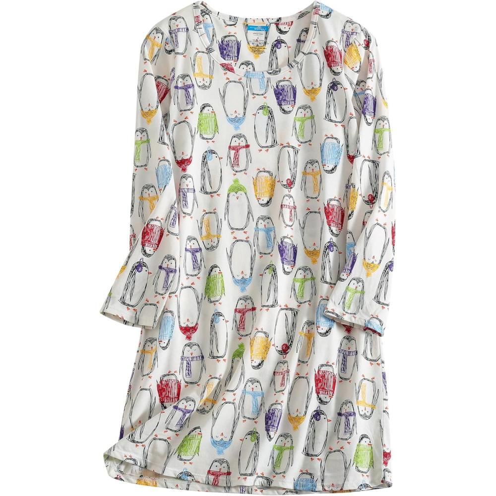 imagePNAEONG Womens Cotton Sleepwear Long Sleeves Nightgown Print Tee Sleep DressLong Color Penguin