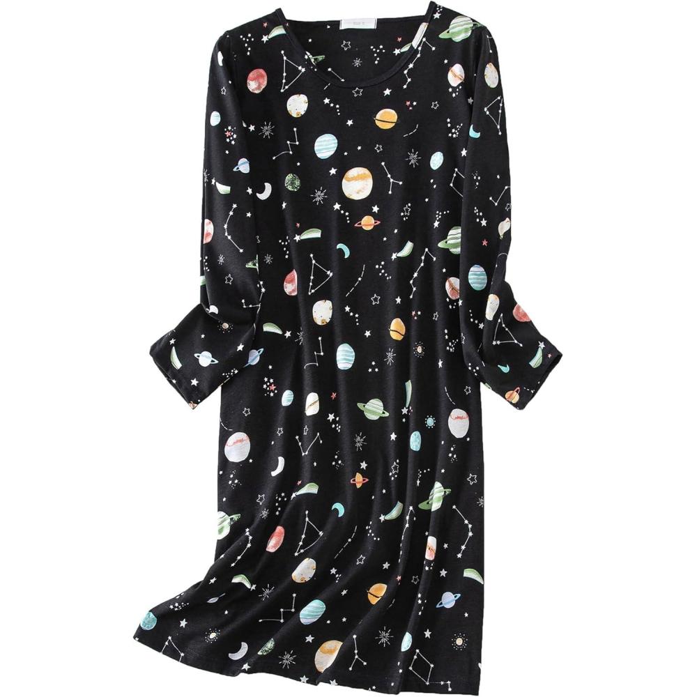 imagePNAEONG Womens Cotton Sleepwear Long Sleeves Nightgown Print Tee Sleep DressLong Color Star