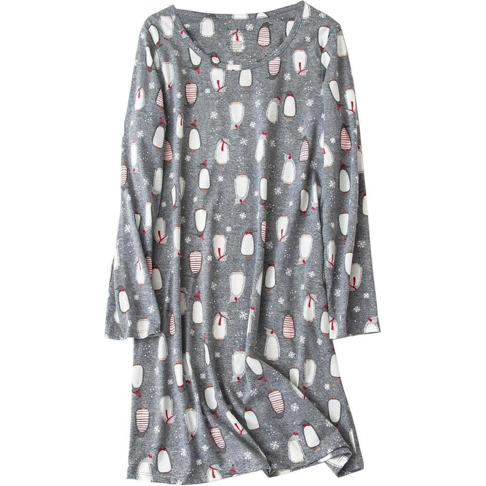 imagePNAEONG Womens Cotton Sleepwear Long Sleeves Nightgown Print Tee Sleep DressLong Gray Penguin